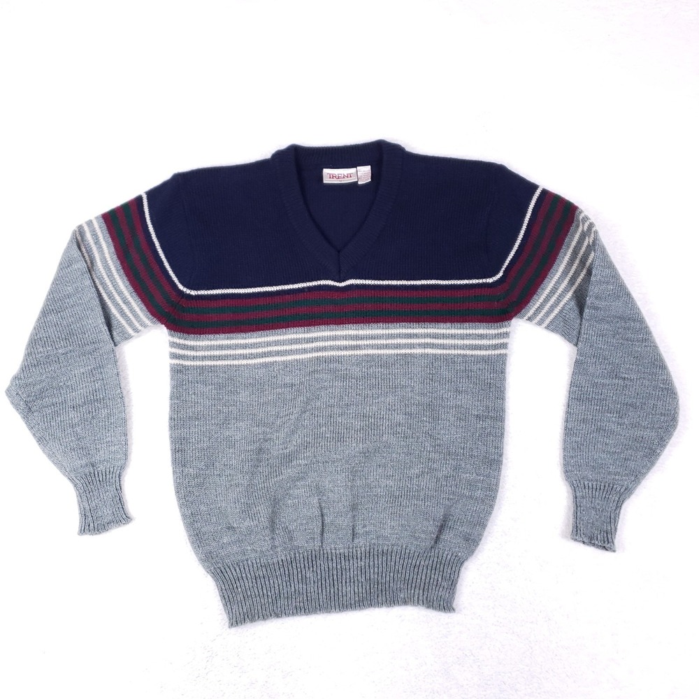Trent Vintage 80s Striped Colorblock V-Neck Sweater Medium‎ Gray Navy